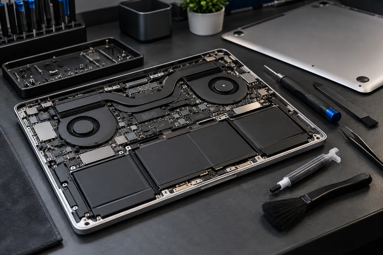 MacBook abierto con ventiladores y placa lógica visibles, listo para mantenimiento